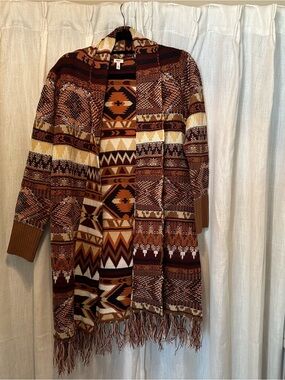 Reba McEntire Aztec Southwestern Fringe Open Front Cardigan Rust Boho Fall